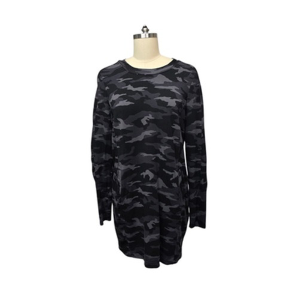 Athleta‎ Balance Printed Dress Womens Medium Black Gray Camo Long Sleeve Tencel